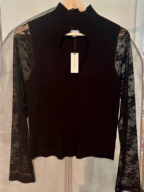 Anthropologie Black Lace-Sleeve Mock Neck Top